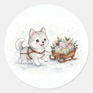 Husky Trekt Kerst Slede Klassieker Ronde Sticker