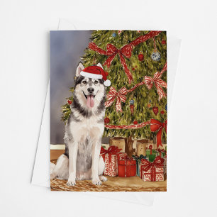 Husky Waterverf onder de kerstboom Kaart