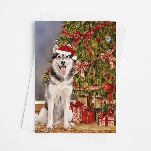 Husky Waterverf onder de kerstboom Kaart