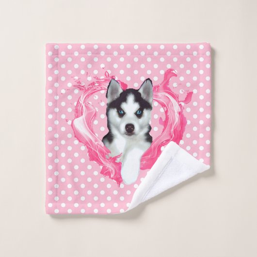 Husky Welpe rosa Herz Punkte Mädchen Bad Handdoek (Wasdoekje)