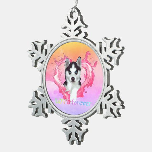 Huskywelpe mit Herz rosa Hündin love forever Tin Sneeuwvlok Ornament (Rechts)