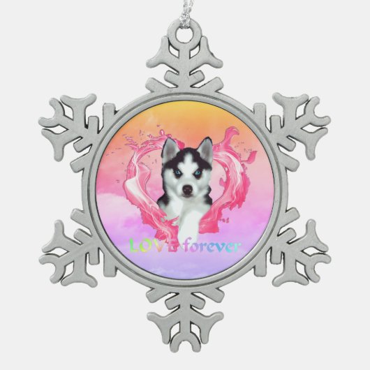 Huskywelpe mit Herz rosa Hündin love forever Tin Sneeuwvlok Ornament (Voorkant)