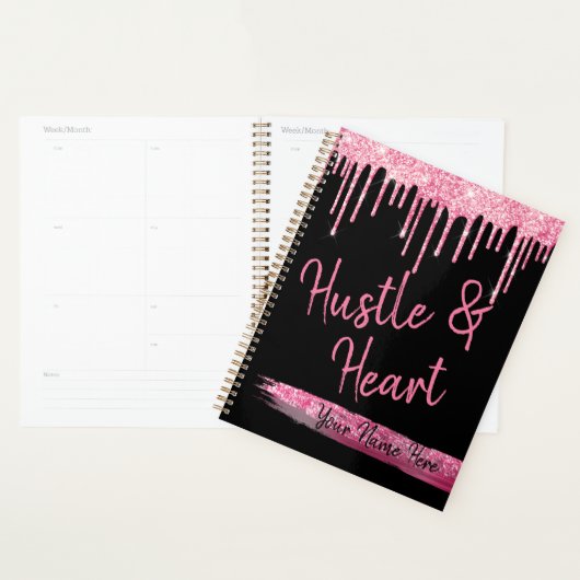 Hustle and Heart Black and Pink Glitter Girl Boss Planner (Display)