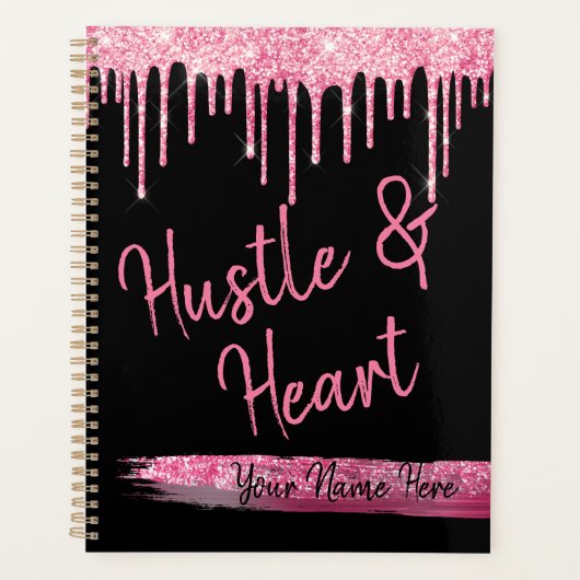 Hustle and Heart Black and Pink Glitter Girl Boss Planner (Voorkant)