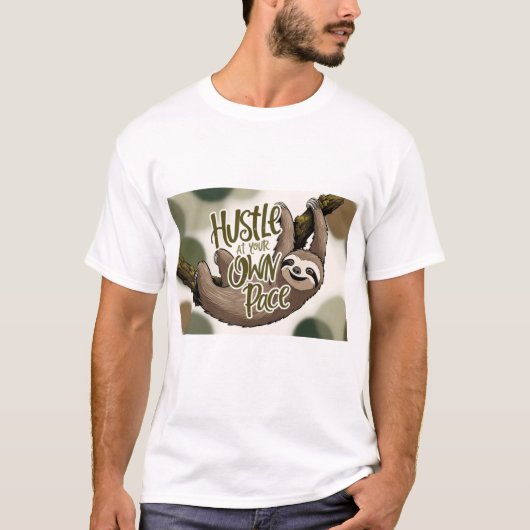 Hustle at Your Own Pace' Sloth Graphic T-shirt (Voorkant)