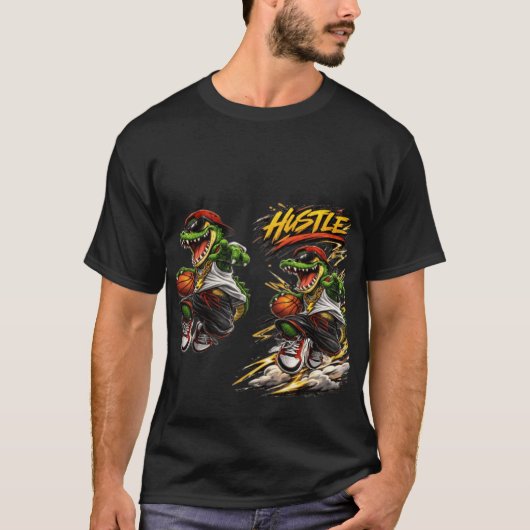 Hustle Basketbal Dinosaurus Grafische T-Shirt voor (Voorkant)