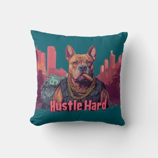 Hustle Hard - Pitbull hond met geld en sigaar Kussen (Voorkant)