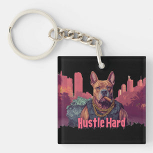 Hustle Hard - Pitbull hond met geld en sigaar Sleutelhanger