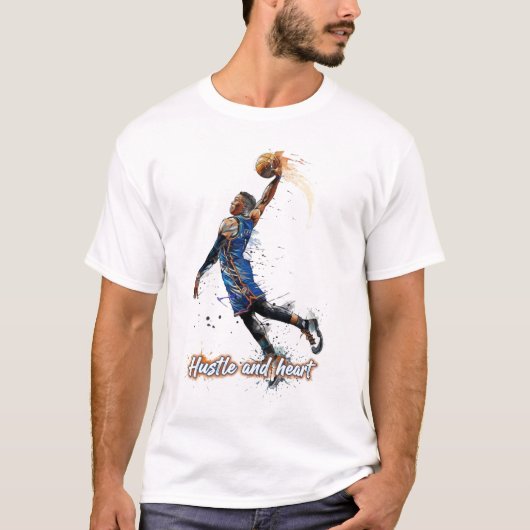 Hustle & Heart: Dynamische Basketbal Kunstprint T-shirt (Voorkant)