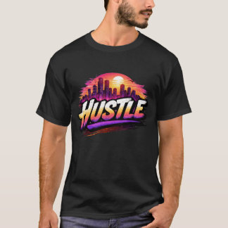 Hustle Retro Synthwave Stad Zonsondergang Kunst. T-shirt