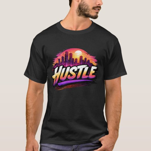 Hustle Retro Synthwave Stad Zonsondergang Kunst. T-shirt (Voorkant)