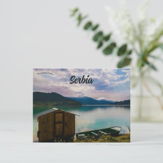 Hut en boot op het meer van Zavoj Servië Briefkaart (Staand voorkant)