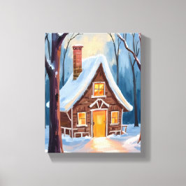 Hut in de besneeuwde winterbossen Kerstmis Canvas Afdruk