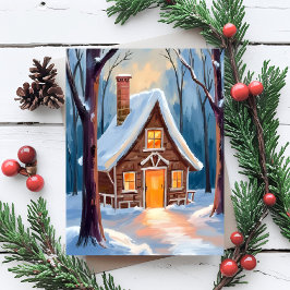 Hut in de besneeuwde winterbossen Kerstmis Feestdagenkaart