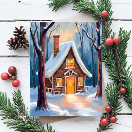 Hut in de besneeuwde winterbossen Kerstmis Feestdagenkaart