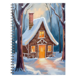 Hut in de besneeuwde winterbossen Kerstmis Notitieboek