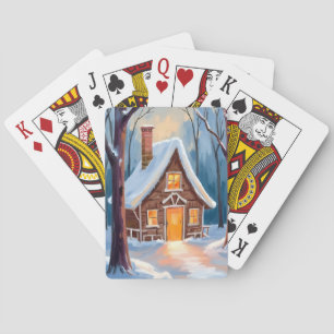 Hut in de besneeuwde winterbossen Kerstmis Pokerkaarten