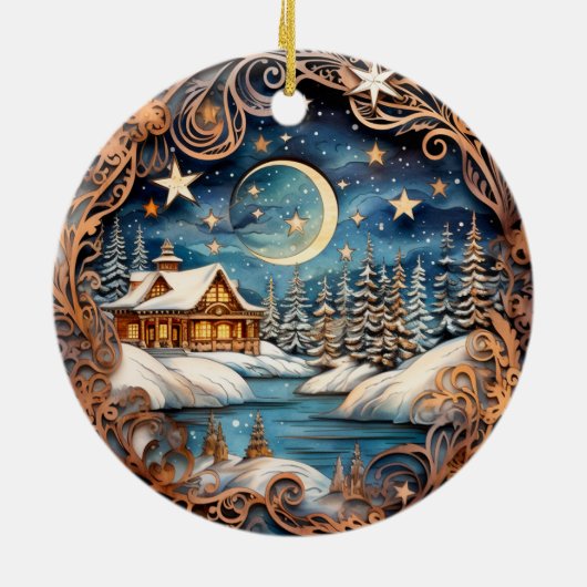 Hut in de Bossen Winternacht Keramisch Ornament (Achterkant)