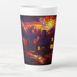 Hut in levendig herfstbos met glas-in-loodkunst latte mok