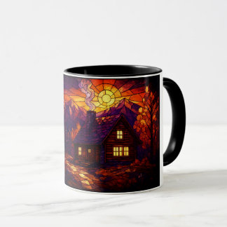 Hut in levendig herfstbos met glas-in-loodkunst mok