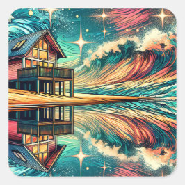 Hut op het strand Ai Art Vierkante Sticker
