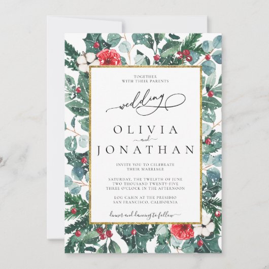 Huwelijk Bloemen Goud Lijst Trouwfeest Kaart (Voorkant)