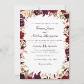 Huwelijk Bourgogne Blush Bloemen Waterverf Kaart (Voorkant)