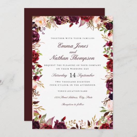 Huwelijk Bourgogne Blush Bloemen Waterverf Kaart (Voorkant / Achterkant)