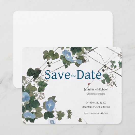 Huwelijk Calligrafie Bloemen Zwart Wit Save The Date (Voorkant / Achterkant)