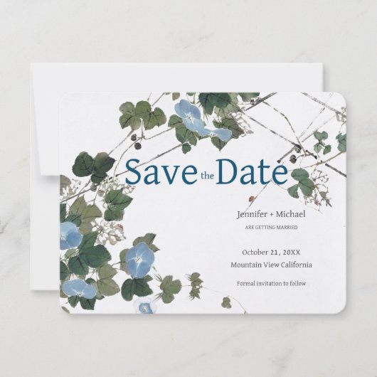 Huwelijk Calligrafie Bloemen Zwart Wit Save The Date (Voorkant)