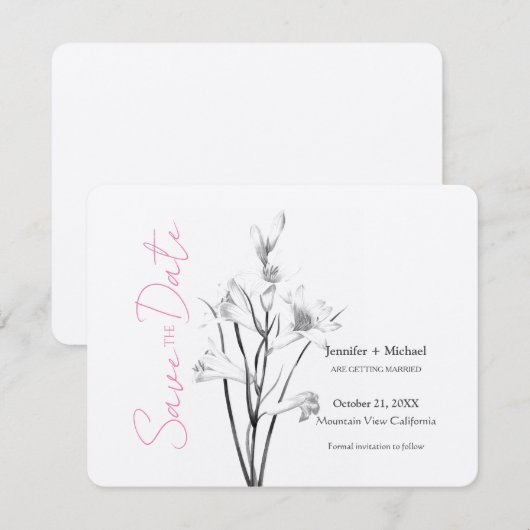 Huwelijk Calligrafie Bloemen Zwart Wit Save The Date (Voorkant / Achterkant)