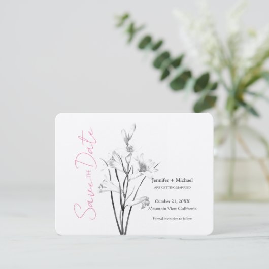 Huwelijk Calligrafie Bloemen Zwart Wit Save The Date (Staand voorkant)