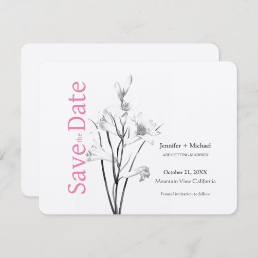 Huwelijk Calligrafie Bloemen Zwart Wit Save The Date (Voorkant / Achterkant)