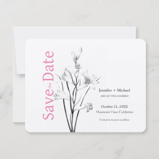 Huwelijk Calligrafie Bloemen Zwart Wit Save The Date (Voorkant)