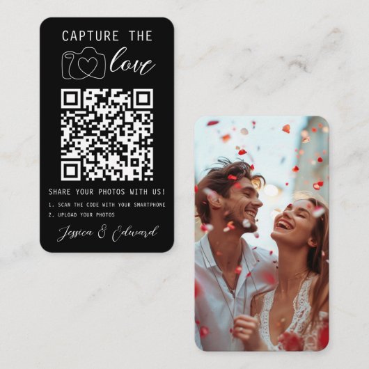 Huwelijk Capture The Love QR Code Foto Zwart Wit Plaatskaartje (Voorkant / Achterkant)