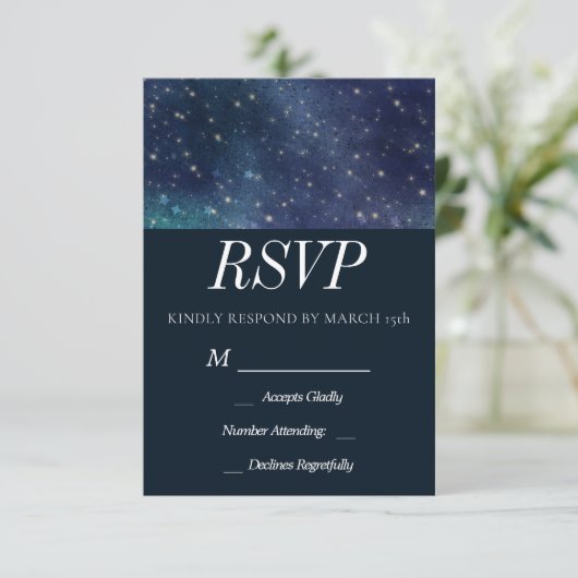 Huwelijk Celestial Star Night Navy Romantisch RSVP Kaartje (Staand voorkant)