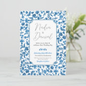 Huwelijk Chintz Blauw & Wit Bloemen Ditsy Party Kaart (Staand voorkant)