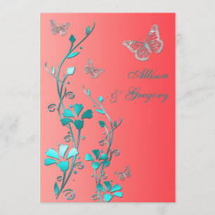 Huwelijk   Coral Aqua Gray   Floral   Butterflies Kaart