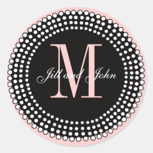 Huwelijk Custom Monogram & Namen Zwart & Roze Seal Ronde Sticker