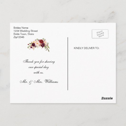 Huwelijk Dank u Gold Bourgogne Bloemenmarmer Briefkaart (Achterkant)