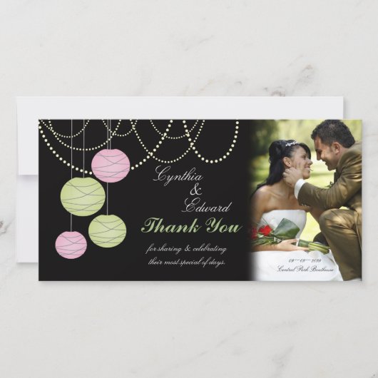 Huwelijk Dank u Roze Groene Lantaarns Fotokaart Bedankkaart (Voorkant)