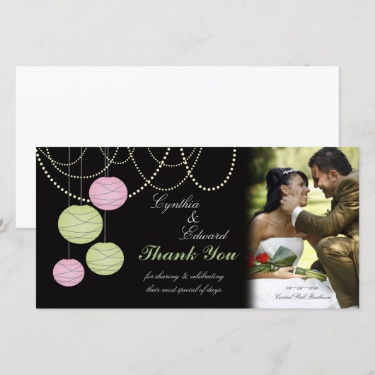 Huwelijk Dank u Roze Groene Lantaarns Fotokaart Bedankkaart (Voorkant / Achterkant)