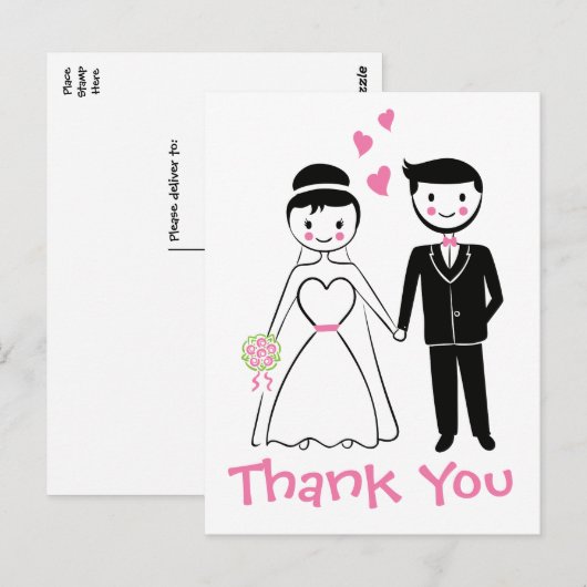 Huwelijk Dank u Roze Zwarte Cartoon Bruid Bruidego Briefkaart (Voorkant / Achterkant)