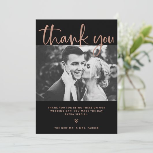 Huwelijk | Elegant Black en Roos Gold met foto's Bedankkaart (Staand voorkant)