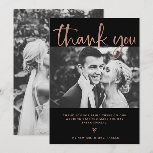 Huwelijk | Elegant Black en Roos Gold met foto's Bedankkaart (Voorkant / Achterkant)