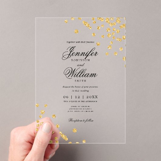 Huwelijk Elegant Romaans Script Gouden Confetti Acryl Uitnodigingen (Insitu (Draagbaar))
