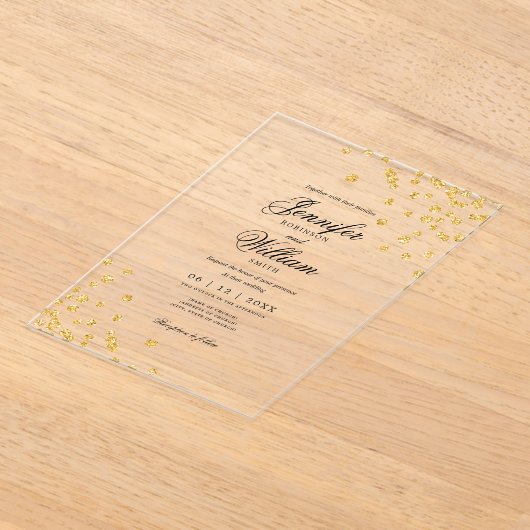 Huwelijk Elegant Romaans Script Gouden Confetti Acryl Uitnodigingen (Laagn)