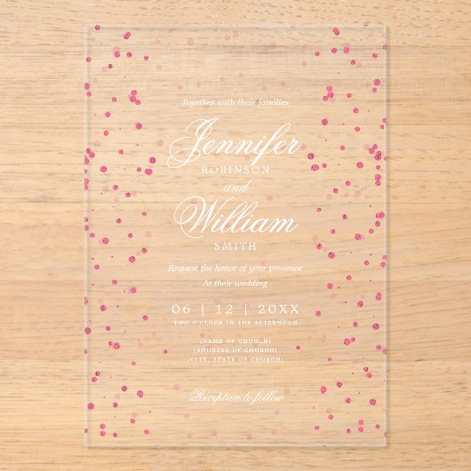 Huwelijk Elegant Romantisch Script Blush Pink Spec Acryl Uitnodigingen (Voorkant)