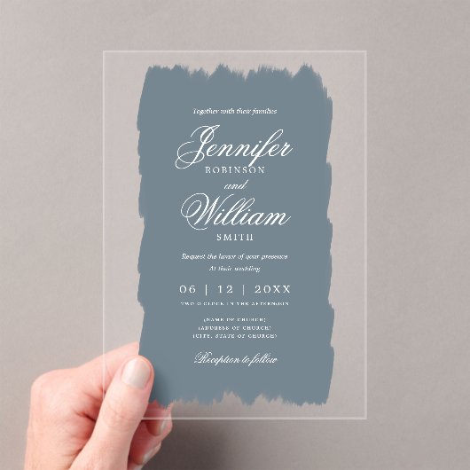 Huwelijk Elegant Romantisch Script Dusty Blue Pain Acryl Uitnodigingen (Insitu (Draagbaar))