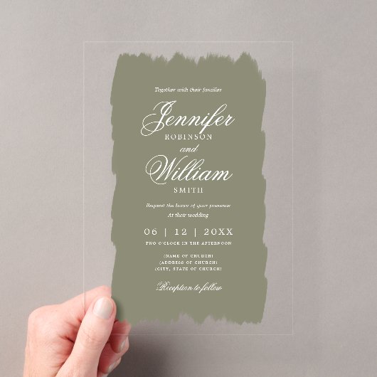 Huwelijk Elegant Romantisch Script Sage Green Pain Acryl Uitnodigingen (Insitu (Draagbaar))